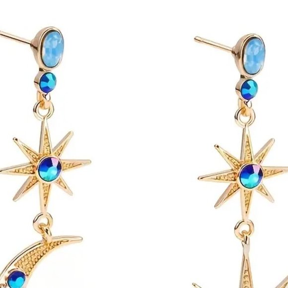 Sun Moon Stars Blue Rhinestone Asymmetrical Drop Earrings - NEW - Picture 4 of 6